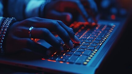 Night typing, laptop, hands, glow, coding