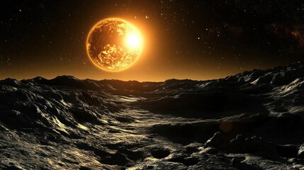 Wall Mural - A celestial landscape featuring a sun and rocky terrain.