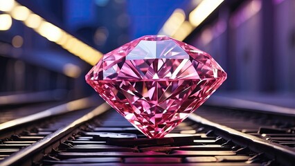 a large, faceted red gemstone resting on railroad tracks