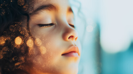 serene solitude: a young child, eyes closed, bathed in the soft glow of daylight, evokes a sense of 