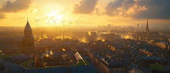 Canvas Print - A breathtaking sunset over a city skyline, featuring historic buildings and wind turbines, casting a warm golden glow across the urban landscape.