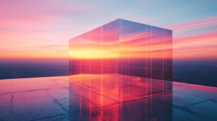 Wall Mural - Glass cube sunset cityscape reflection futuristic presentation