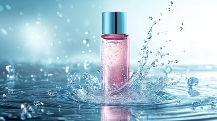 Canvas Print - elegant pink bottle splashing water on abstract blue background