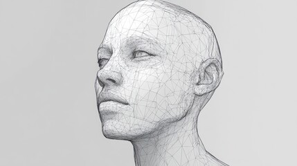 Wireframe woman head, neutral background, 3D model, digital art, AI