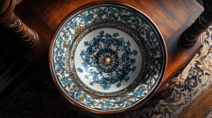 Wall Mural - Blue and White Bowl on Wooden Table