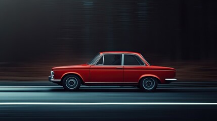 Red car speeding on dark asphalt, showing motion and power against a dark road. 