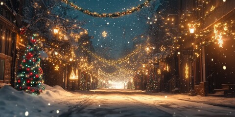 Canvas Print - Christmas Tree on Snowy Street