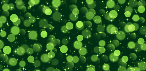 Wall Mural - green bokeh with stars and sparkles, shiny overlay decoration, abstract christmas background. vector