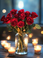 Canvas Print - Red rose arrangement with candles