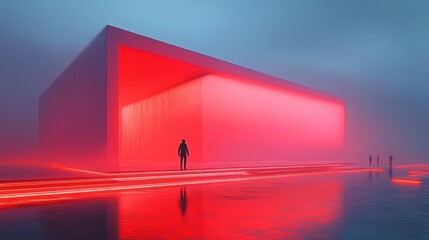 Wall Mural - Futuristic red structure, lone figure, foggy landscape, neon glow, digital art