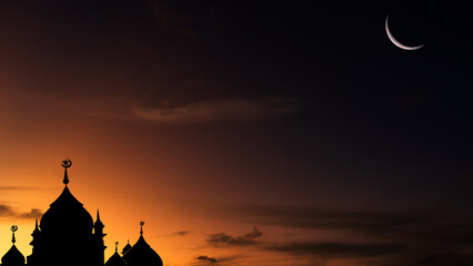 Wall Mural - mosques dome on dark blue twilight sky and crescent moon on backgrounds, symbol islamic religion ram
