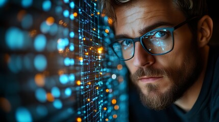 Focused man looking at digital data wall