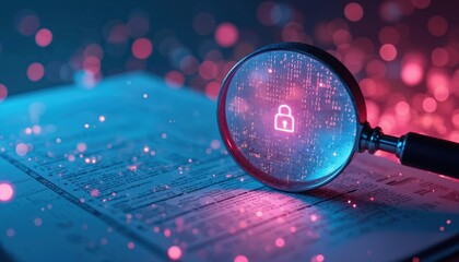 magnifying glass focuses on document revealing padlock icon, binary code in tech atmosphere. data se