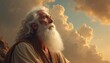 © Vadym - Portrait of long-haired bearded Abraham looking up to sky. Prophet is wearing a robe against background of dramatic clouds. Concept of faith, worship, devotion.