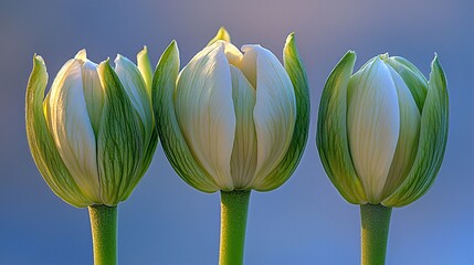 Canvas Print - Three white tulips, garden close-up, sunrise, nature