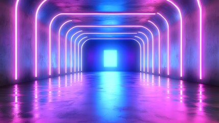 Fototapete - Dramatic and Immersive Neon Light Tunnel with Smooth Reflective Surfaces and Powerful Glowing Portal at the Center Creating a Futuristic and Surreal Atmosphere