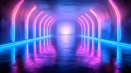 Poster - Immersive and Captivating Neon Light Tunnel with Smooth Reflective Surfaces Amplifying the Brilliance of Electric Blue Lights and a Powerful Glowing Portal at the Center