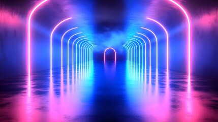 Poster - Captivating neon light tunnel with smooth reflective surfaces that amplify the brilliance of electric blue lights
