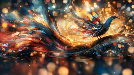 Aufkleber - Vibrant and Ceremonial Digital of a Glowing Peacock Feather with Soft Highlights and Festive Aesthetics Evoking a Sense of and Elegance