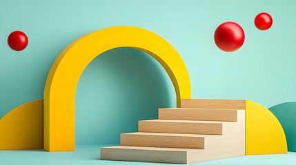 Poster - Captivating 3D abstract environment featuring a series of multicolored geometric stairs leading through a dreamlike setting accented by floating red balls in a vibrant modern