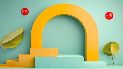 Poster - An elegant and playful abstract 3D rendered environment featuring a series of multicolored geometric stairs leading through a dreamlike setting