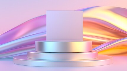 Leinwandbilder - Glowing Metallic Pedestal in Serene Pastel Hued Surreal Abstract Setting  A sophisticated and futuristic backdrop with fluid gradient lighting and a polished platform in a minimalist