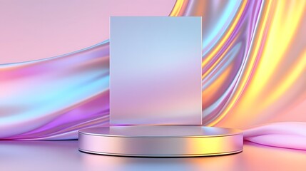 Poster - A captivating and visually striking composition featuring a minimalist and stylish metallic platform illuminated by dynamic gradient lighting seamlessly blending with a curved pastel toned backdrop