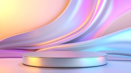 Poster - Elegant and contemporary 3D rendered metallic stage set against a gentle curving pastel backdrop featuring a smooth reflective surface and vibrant gradient hues for a modern