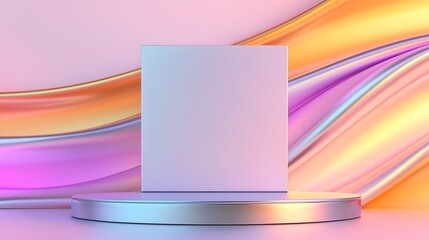 Poster - A contemporary and elegant 3D rendered scene featuring a smooth metallic stage or platform reflecting vibrant gradient hues positioned against a gentle curving pastel backdrop
