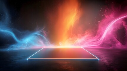 Fototapete - A striking and captivating abstract scene featuring a radiant neon frame surrounded by swirling colorful smoke