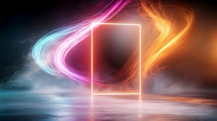 Fototapete - A mesmerizing and captivating digital composition featuring a bold neon frame that glows intensely against a backdrop of swirling luminescent smoke