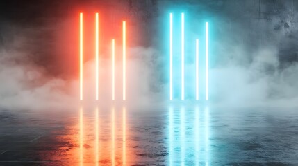 Poster - Radiant red and blue neon light beams stretching into a foggy ethereal abyss creating a dynamic and captivating sci fi inspired composition with an atmospheric moody and futuristic aesthetic