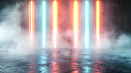 Aufkleber - Dramatic and mesmerizing scene featuring radiant red and blue neon light beams stretching into a mysterious foggy abyss creating a captivating and futuristic sci fi inspired composition