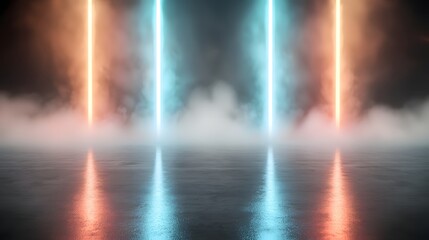 Fototapete - A visually striking abstract setting illuminated by vivid red and blue laser like beams extending through a thick mist forming a high energy and enigmatic futuristic scene