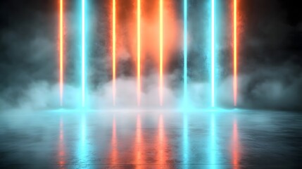 Fototapete - A futuristic lightscape filled with long glowing red and blue beams fading into a dense fog creating a sense of depth mystery and digital surrealism  The ethereal luminous rays and fluid