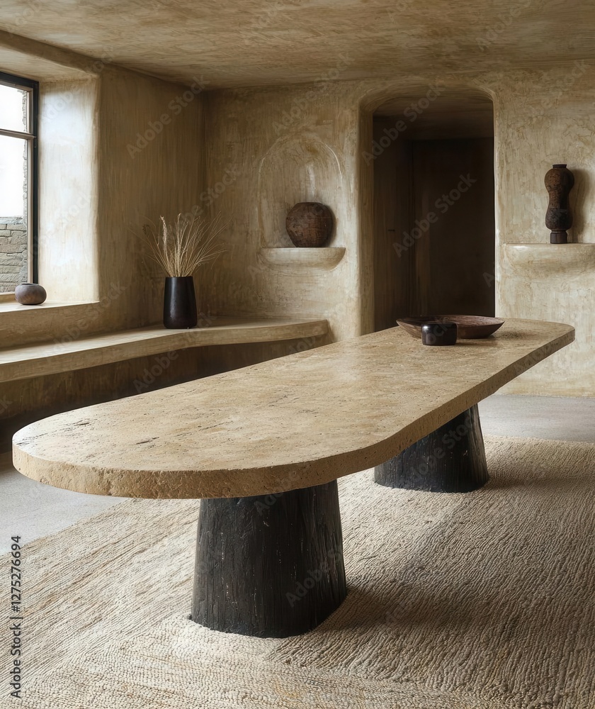 A beautifully designed interior showcasing a uniquely shaped wooden table with natural textures, complemented by earthy tones and minimal decor. Copy space