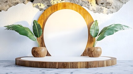 Poster - Minimalist and modern wooden sculptural platform with organic leaf accents showcasing products in a serene and tranquil studio setting  Clean