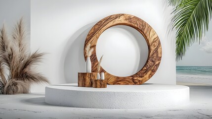 Poster - Elegant and serene product stage featuring an abstract wooden sculpture as a natural and minimalist backdrop
