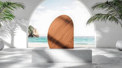 Poster - Captivating contemporary product presentation scene featuring a uniquely designed wooden sculpture set against a tropical ocean backdrop creating a warm and minimalist aesthetic