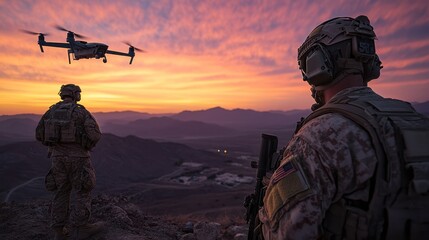 Soldiers watch drone sunset surveillance mission