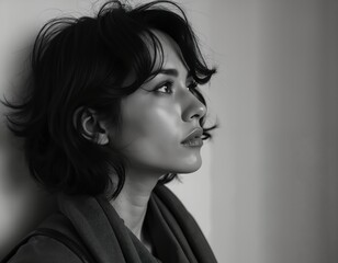 Side profile monochrome portrait of young 35 yo woman looking up. Intriguing photogenic person with short dark hair poses in studio on white backdrop.