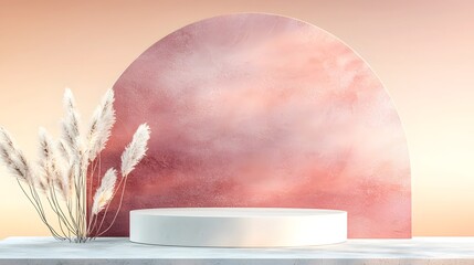 Poster - Contemporary abstract setting featuring a gracefully curved geometric arch and a minimalist round podium in soft pastel pink and white bathed in natural lighting for a clean elegant aesthetic