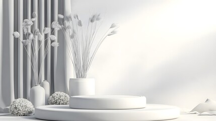 Fototapete - Elegant and Calming Minimalist White Studio Space Featuring a Perfectly Round Podium Lush Natural Greenery and Soft Diffused Sunlight Through Translucent Curtains   Perfect for Product Photography
