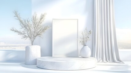 Poster - Tranquil and Sophisticated Modern Luxury White Interior Setting Designed for Product Display Featuring a Sleek Round Podium Minimalist Curtain Backdrop