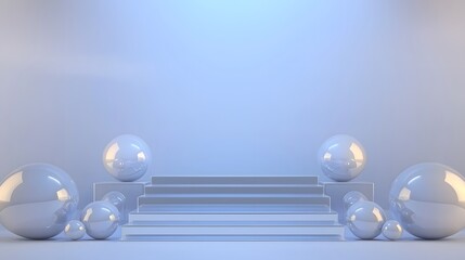 Leinwandbilder - A sophisticated minimalist design featuring polished glass like spheres symmetrically placed on a tiered stage with a soft blue backdrop creating an ethereal and modern aesthetic