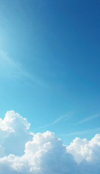 Clear blue sky with fluffy cumulus clouds. Light backdrop with vaporous cirrus streaks for design project, wallpaper, presentation or cloudscape photography. Sunny weather.