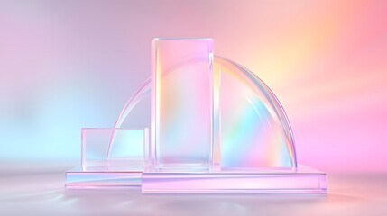 Poster - Ethereal and Modern Surreal Display with Three Crystal Clear Glass Podiums Set Against a Fluid Pastel Holographic Backdrop Radiating Soft Reflections and Dreamlike Ambiance