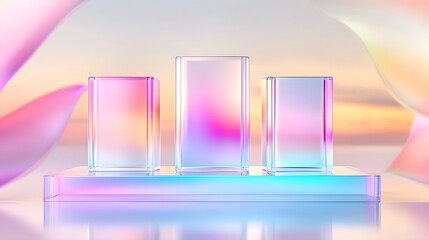 Aufkleber - Enchanting dreamscape with floating glass podiums in a pastel toned holographic environment