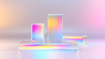 Aufkleber - Visually captivating abstract dreamscape featuring three floating clear glass podiums standing gracefully in a pastel toned holographic environment reflecting gentle prismatic light