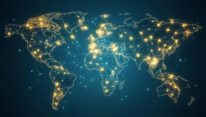 global network connections, digital world map, glowing nodes, dark background, technology concept